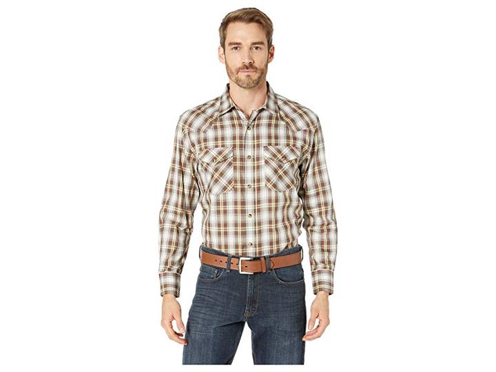 Pendleton Long Sleeve Frontier Herringbone (brown Plaid) Men's Long Sleeve Button Up