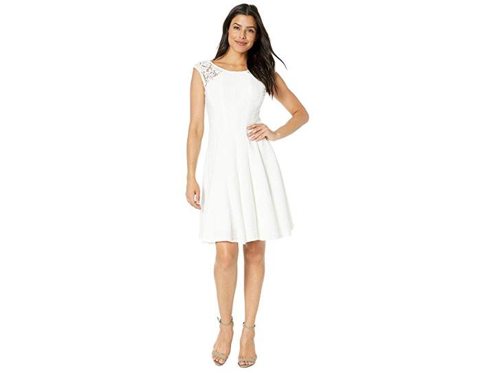 Gabby Skye Pintuck Seam Down Fit N Flare W/ Lace (ivory) Women's Dress