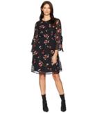 Nine West Chiffon A-line Tie Back Waist Dress W/ Bell Sleeve Detail (black/crimson Multi) Women's Dress