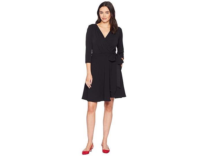 Eci 3/4 Sleeve Solid Wrap Dress (black) Women's Dress