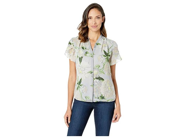 Calvin Klein Short Sleeve V-neck Floral Top (tin/multi) Women's Clothing