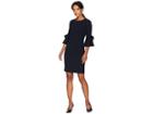 Donna Morgan 3/4 Bell Sleeve Crepe Shift Dress W/ Bow Detail At Wrist (marine Navy) Women's Dress