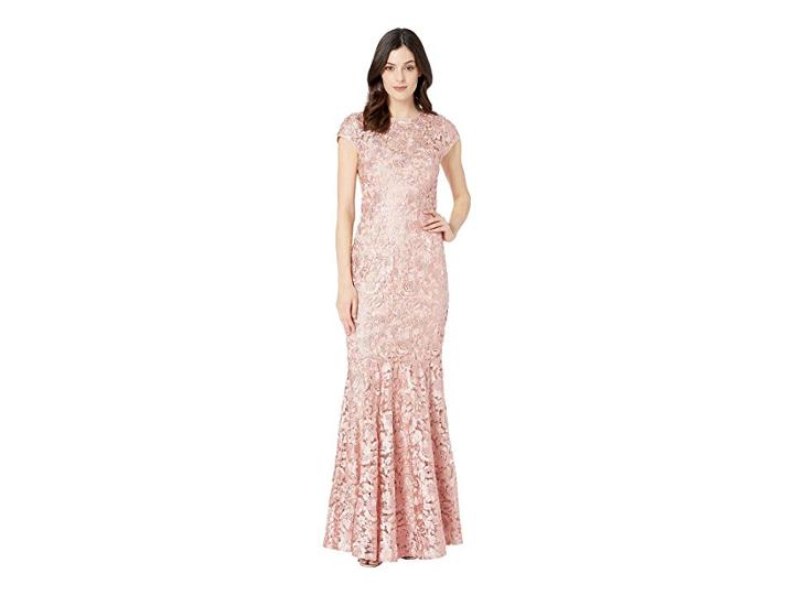 Marina Metallic Lace Cap Sleeve Keyhole Back Gown (blush) Women's Clothing