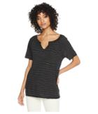 Michael Stars Linen Stripe Short Sleeve Split Neck Tee (black) Women's T Shirt