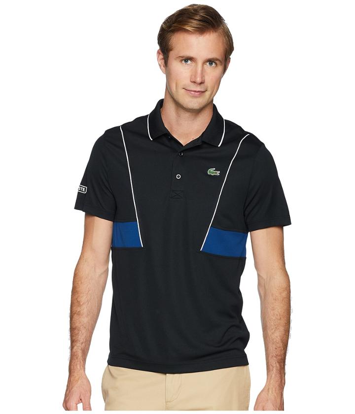 Lacoste Short Sleeve Pique Ultra Dry W/ Contrast Broken Yoke Piping (black/white Marino) Men's Short Sleeve Pullover