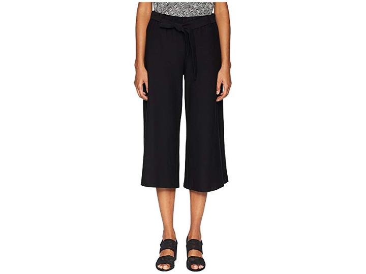 Eileen Fisher Lightweight Washable Stretch Crepe Wide Cropped Pants With Tie (black) Women's Casual Pants