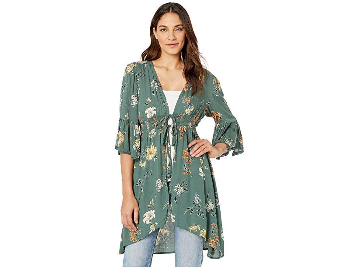 Angie 3/4 Sleeve Floral Print Kimono With Stretch Waist (dark Olive) Women's Clothing