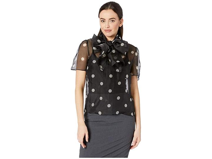 Anne Klein Medium Dot Print Organza Tie Front Blouse (anne Black/anne White) Women's Blouse