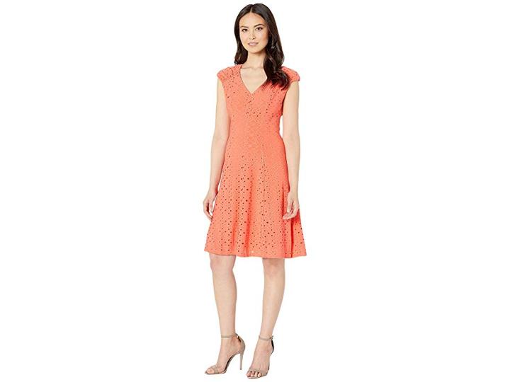 London Times Shirred Shoulder Fit And Flare (coral) Women's Dress