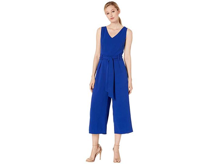 Tahari By Asl Sleeveless V-neck Scuba Crepe Jumpsuit With Self Tie Waist (cobalt) Women's Jumpsuit & Rompers One Piece