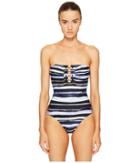 Proenza Schouler Cactus Stripe Print Bandeau One-piece W/ Barbell Trim (cobalt/lavender/white) Women's Swimsuits One Piece
