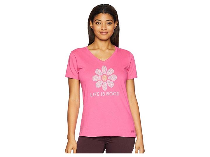 Life Is Good Cross Stitch Daisy Crusher Vee (fiesta Pink) Women's T Shirt