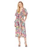 Nine West Challis Drop Shoulder Double Ruffle Sleeve Midi Length Shirtdress With Self Sash (ivory/fuchsia Multi) Women's Dress
