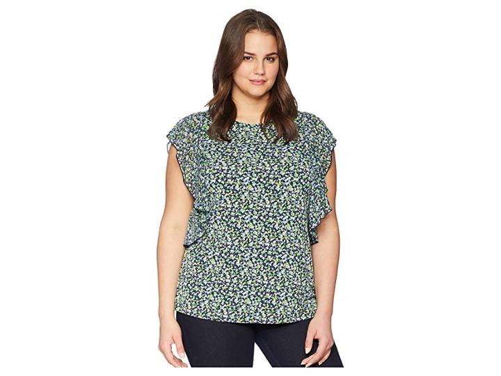 Michael Michael Kors Plus Size Tiny Wildflower Cascade Top (true Navy/green Apple Multi) Women's Short Sleeve Knit