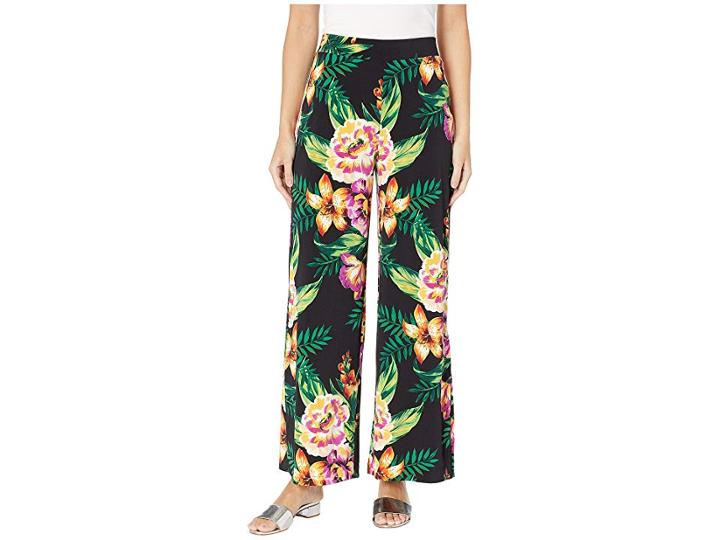 Eci Tropical Flowers Printed Ity Pants (black/green) Women's Casual Pants