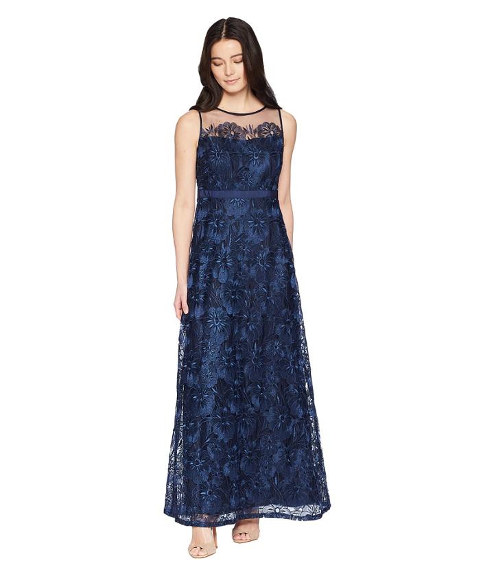 Adrianna Papell Petite Long Metallic Embroidered Gown (midnight) Women's Dress