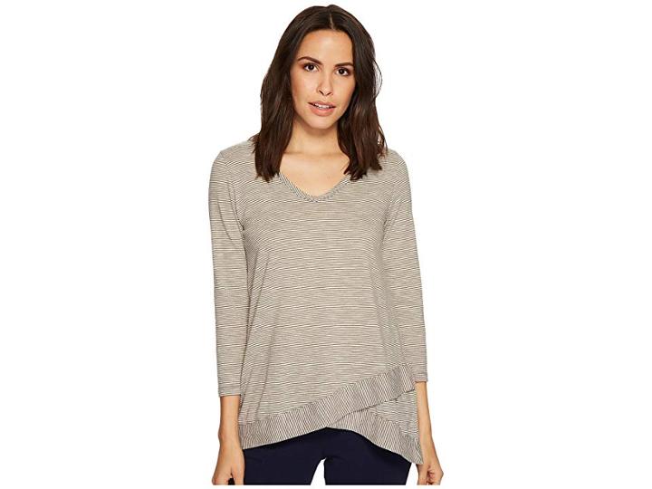 Mod-o-doc Skinny Stripe 3/4 Sleeve Stripe Crossover Hem Tee (grey) Women's T Shirt