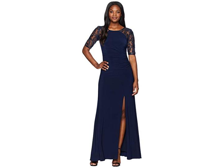 Adrianna Papell Long Crepe Gown With Beaded Embroidered Sleeves (midnight) Women's Dress