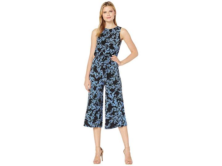 London Times Pleated Neck Cropped Jumpsuit (black/blue) Women's Jumpsuit & Rompers One Piece