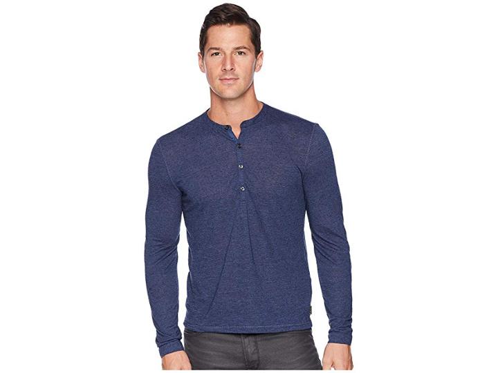 John Varvatos Star U.s.a. Long Sleeve Henley W/ Coverstitch (blue) Men's Clothing