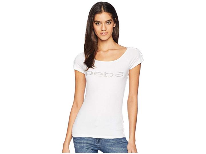 Bebe Lissa Lace Shoulder Logo Short Sleeve Tee (bright White) Women's T Shirt