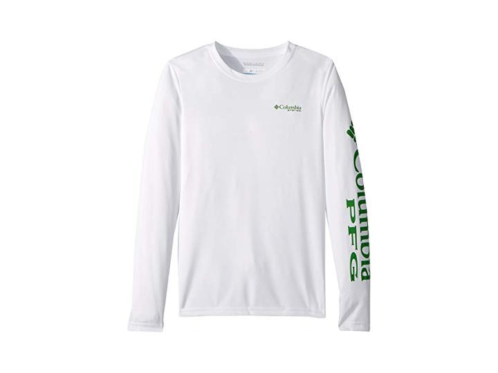 Columbia Kids Terminal Tackletm L/s Tee (little Kids/big Kids) (white/clean Green) Boy's Long Sleeve Pullover