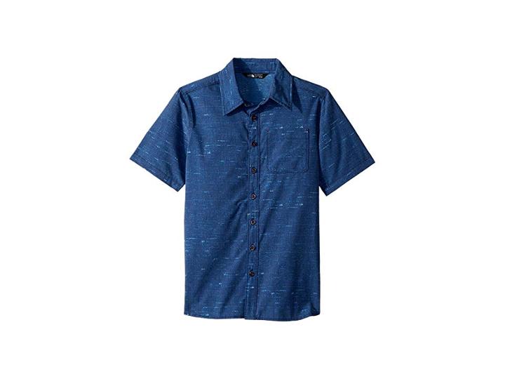 The North Face Kids Short Sleeve Pursuit Top (little Kids/big Kids) (cosmic Blue Distressed Denim Print/tnf Red (prior Season)) Boy's Short Sleeve ...