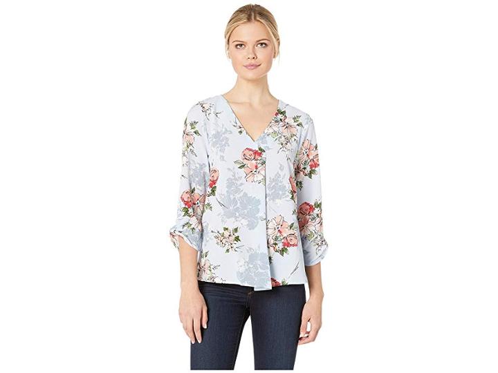 Bobeau Bubble Crepe Roll Tab Sleeve (light Blue/blush/green) Women's Blouse