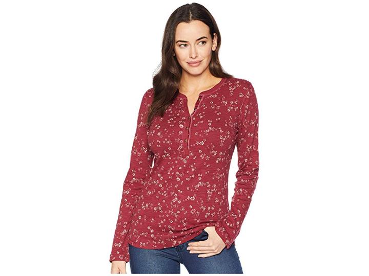 Chaps Cotton Slub 1x1 Rib Long Sleeve Knit (red Multi) Women's Clothing