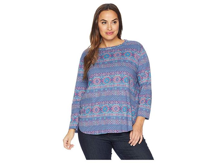 Extra Fresh By Fresh Produce Plus Size Stamped Geo Catalina Top (deep Dive) Women's Long Sleeve Pullover