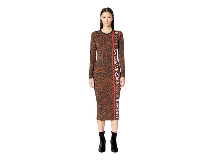 Versace Jeans Long Sleeve Printed Jersey Dress (brown) Women's Dress
