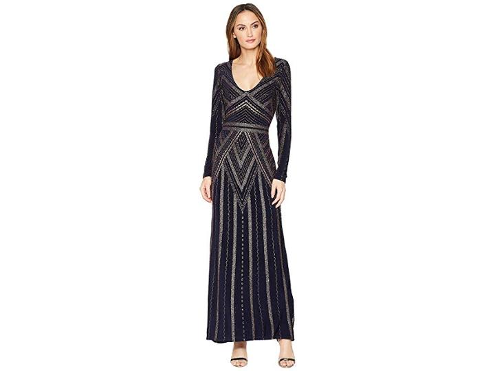 Marina Long Sleeve V-neck Glitter Knit Gown (navy/gold) Women's Dress