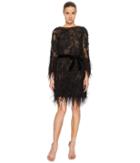 Marchesa Long Sleeve Lace Tunic W/ Ao Beaded Embellishment And Feather Embroidery (black) Women's Dress