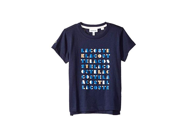 Lacoste Kids Short Sleeve Lacoste Wording Print Tee Shirt (toddler/little Kids/big Kids) (navy Blue) Boy's T Shirt