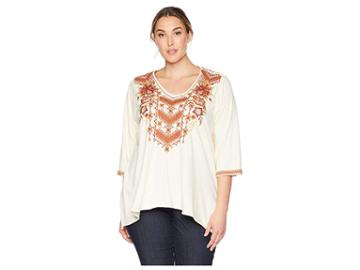 Johnny Was Plus Size Elim 3/4 Sleeve Drape Top (brie) Women's Clothing