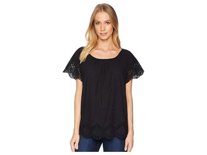 Kensie Crochet Embroidered Cotton Top Ks6u4203 (black) Women's Clothing