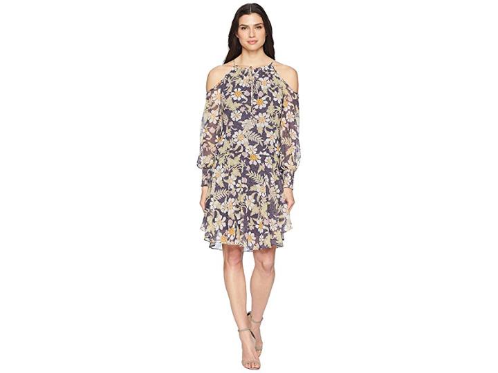 Donna Morgan Long Sleeve Printed Chiffon With Cold Shoulder And Drop Waist (moss Green/mauve Multi) Women's Dress