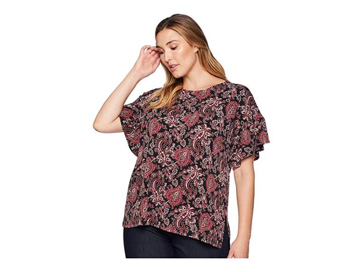 Michael Michael Kors Plus Size Sweetheart Ruffle Sleeve Top (black/maroon) Women's Clothing