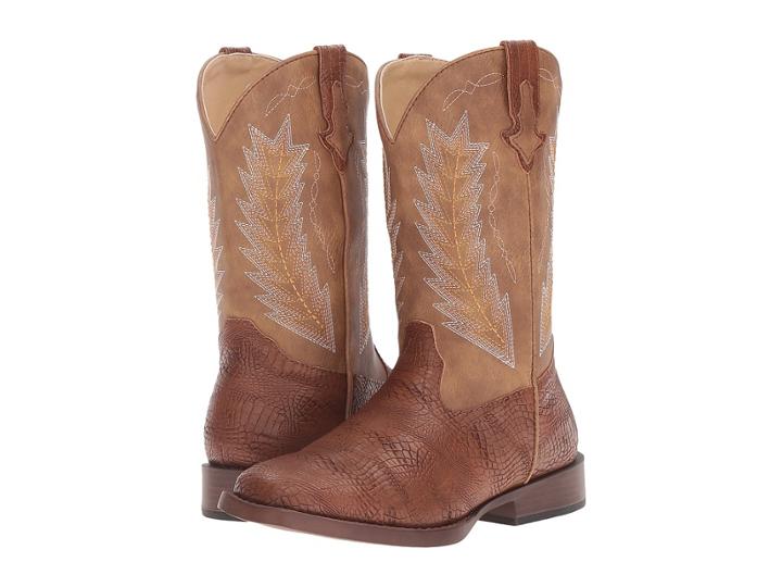 Roper Kids Charlie (big Kid) (brown Faux Caiman/vamp Tan Shaft) Cowboy Boots