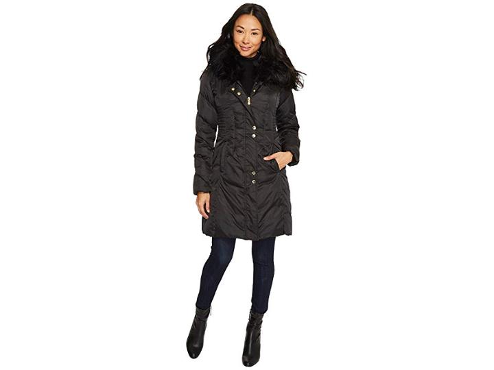 Via Spiga Faux Fur Trimmed Hood Winter Coat (black) Women's Coat