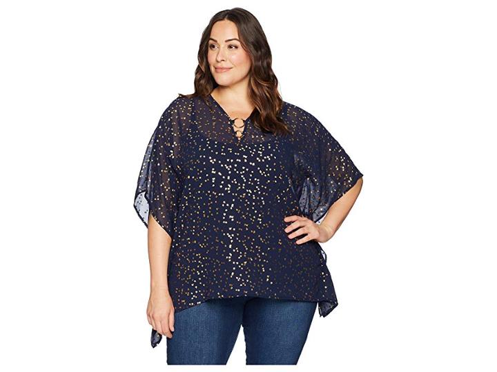 Michael Michael Kors Plus Size Ditsy Blossom Foil Top (true Navy/gold Foil) Women's Clothing