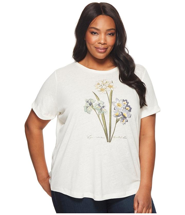Lauren Ralph Lauren Plus Size Floral Linen-blend T-shirt (mascarpone Cream Multi) Women's T Shirt