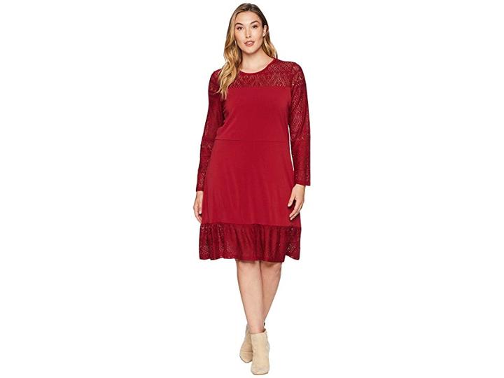 Michael Michael Kors Plus Size Fabric Mix Long Sleeve Dress (maroon) Women's Dress