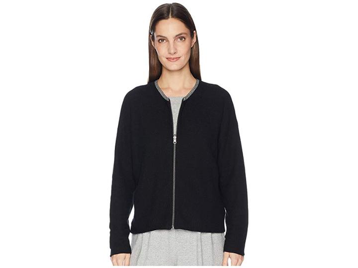 Eileen Fisher Peruvian Organic Cotton Round Neck Cardigan (black/soft White) Women's Sweater