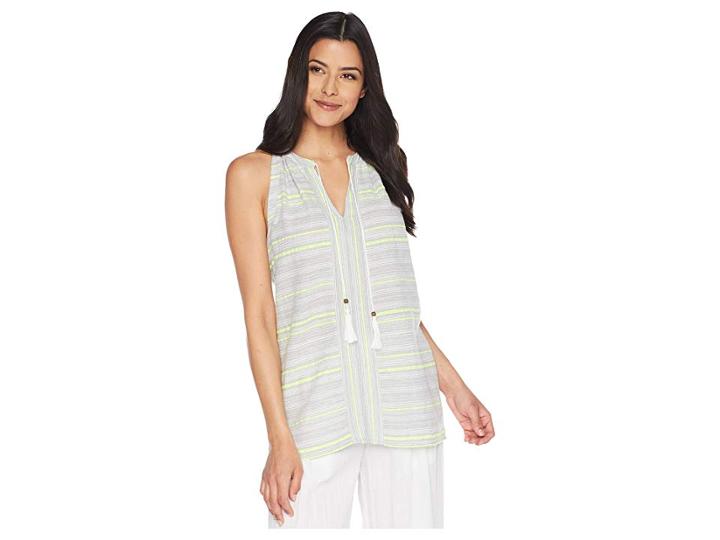 Two By Vince Camuto Yarn-dyed Stripe Gauze Halter Blouse W/ Tassel (island Lime) Women's Blouse