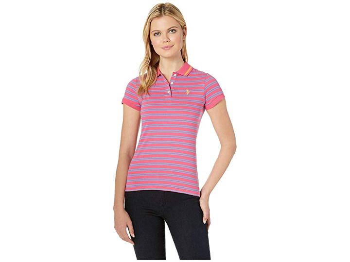 U.s. Polo Assn. Striped Jersey Polo (pink Oleander) Women's Short Sleeve Pullover