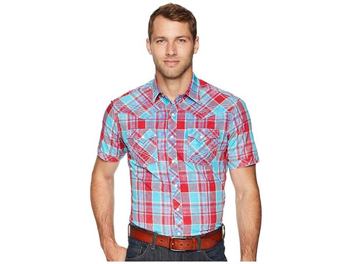 Wrangler Rock 47 Short Sleeve Plaid Snap Shirt (red/blue) Men's Short Sleeve Button Up