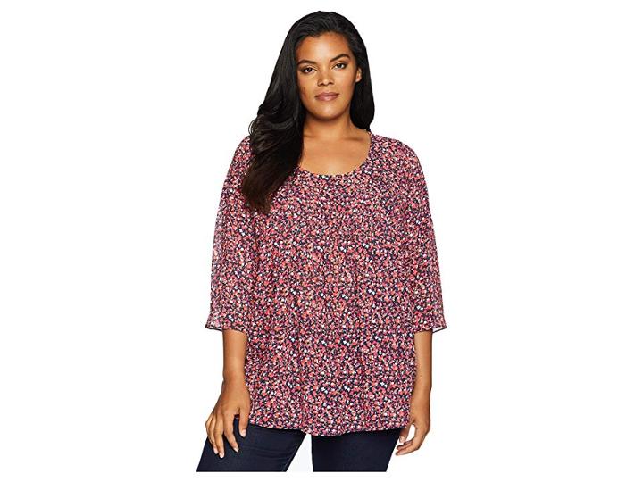 Michael Michael Kors Plus Size Tiny Wildflower Flowy Top (true Navy/bright Blush) Women's Clothing