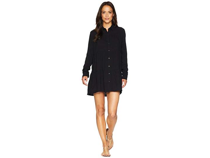 Mod-o-doc Summertime Shirting Tiered Button Tunic Cover-up (black) Women's Blouse