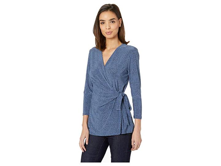 Anne Klein Robins Egg Print 3/4 Sleeve Wrap Top (versailles/anne Black) Women's Blouse